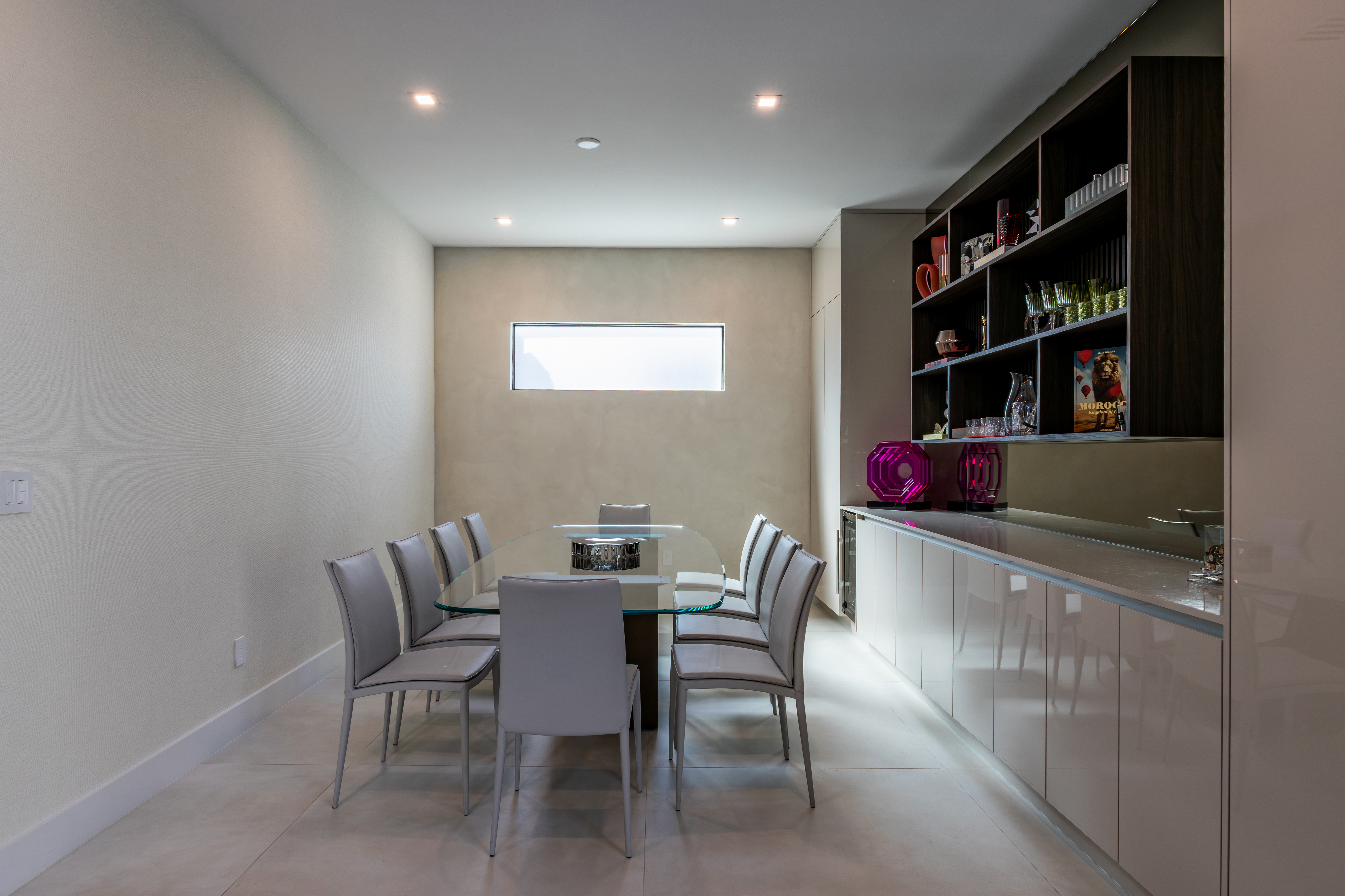 Dining room with built-in shelving