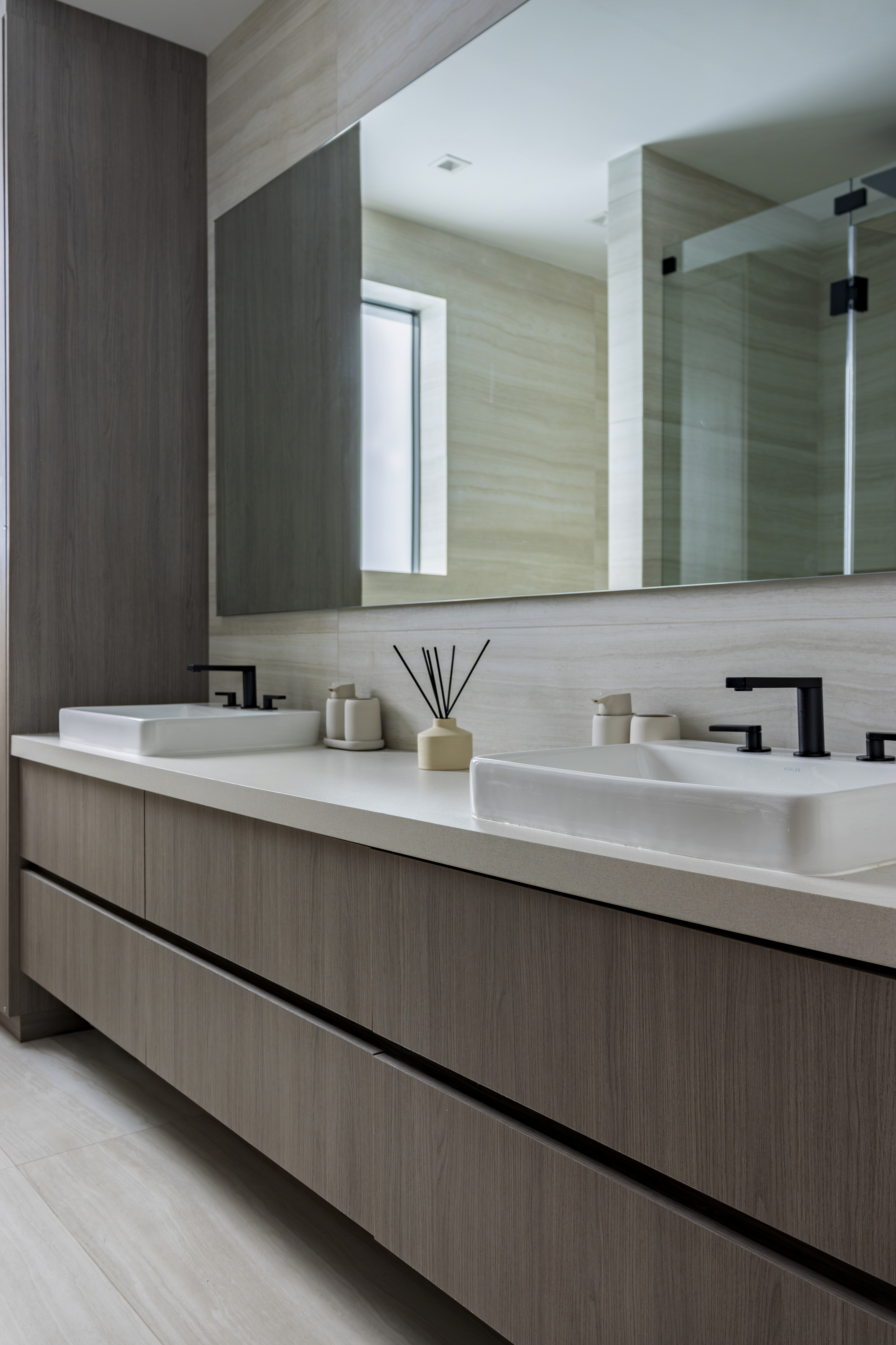 Master bathroom — double vanity with black faucets