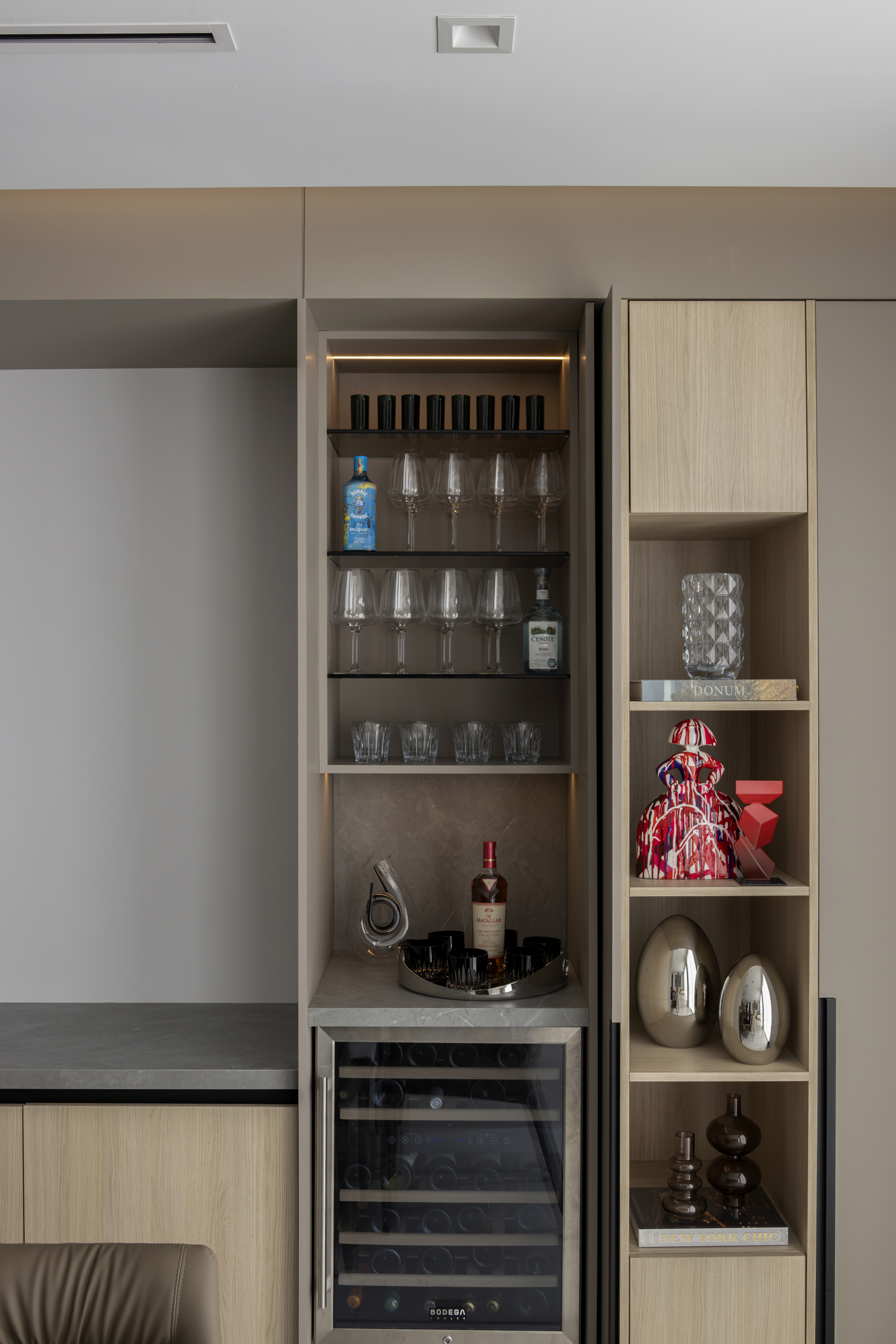 Bar — built-in bar cabinet with wine fridge and glassware shelves