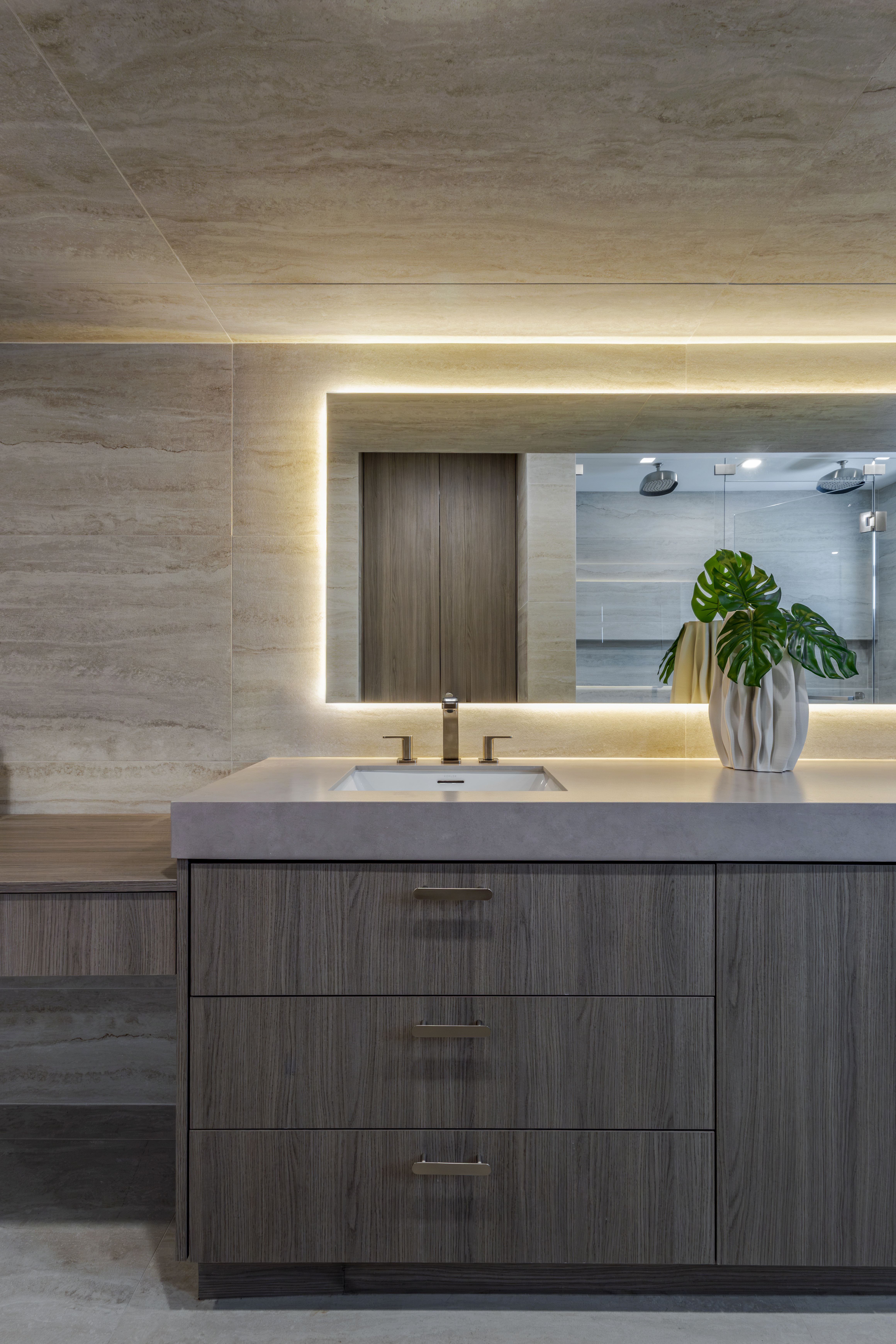 Master bath — vanity close-up with monstera