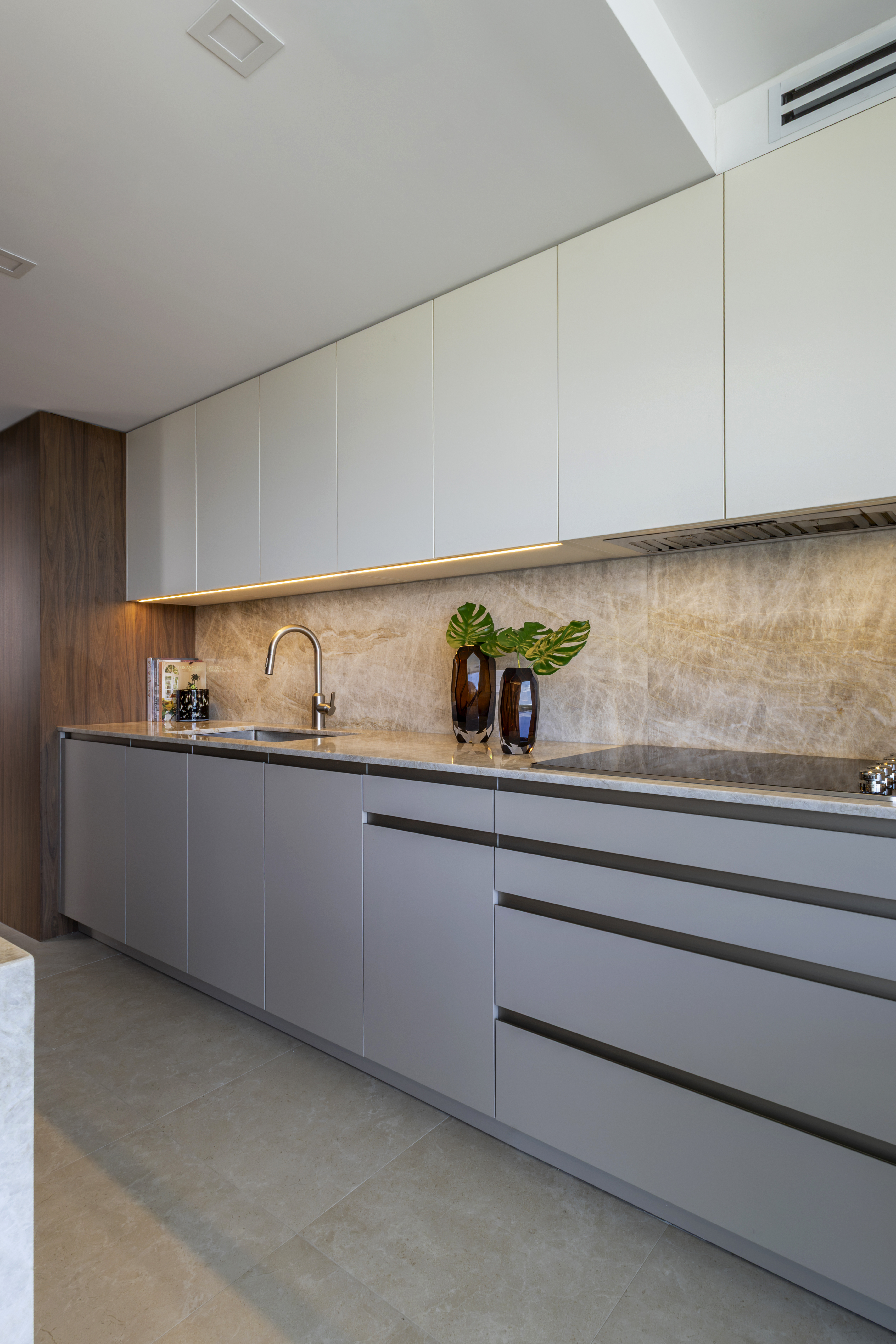 Sink wall — gray lower cabinets, marble backsplash and monstera plant